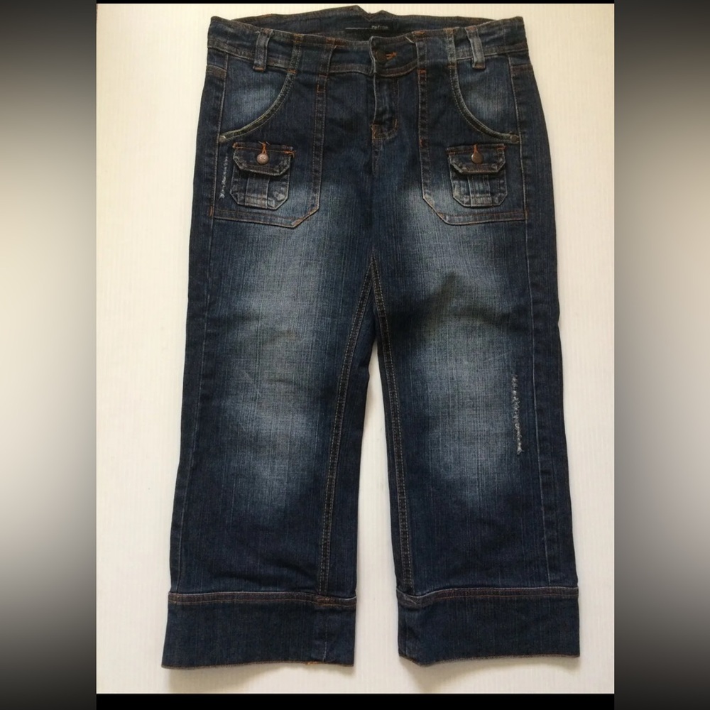 Refuge Jeans Blue Denim Bermuda Pant Crop Cuff Distress Flap Pockets Woman Sz 9